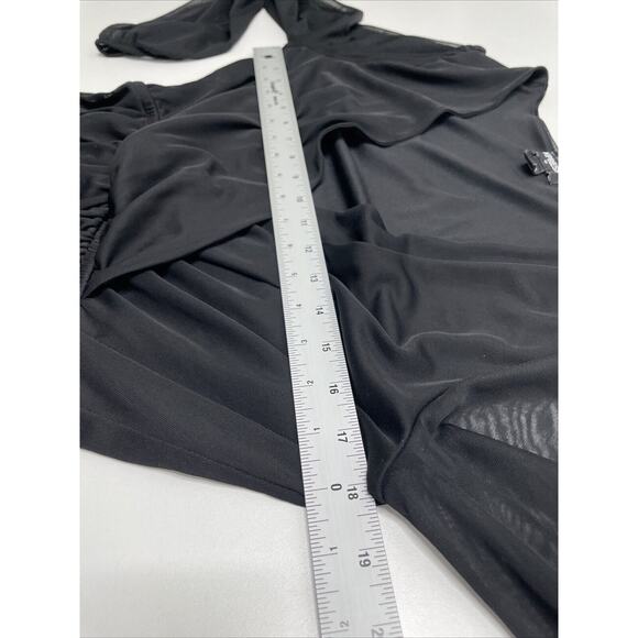 Express Black Long Sleeve Deep Draped V Neck Peplum Blouse Sheer Faux Wrap Top M - Picture 9 of 10